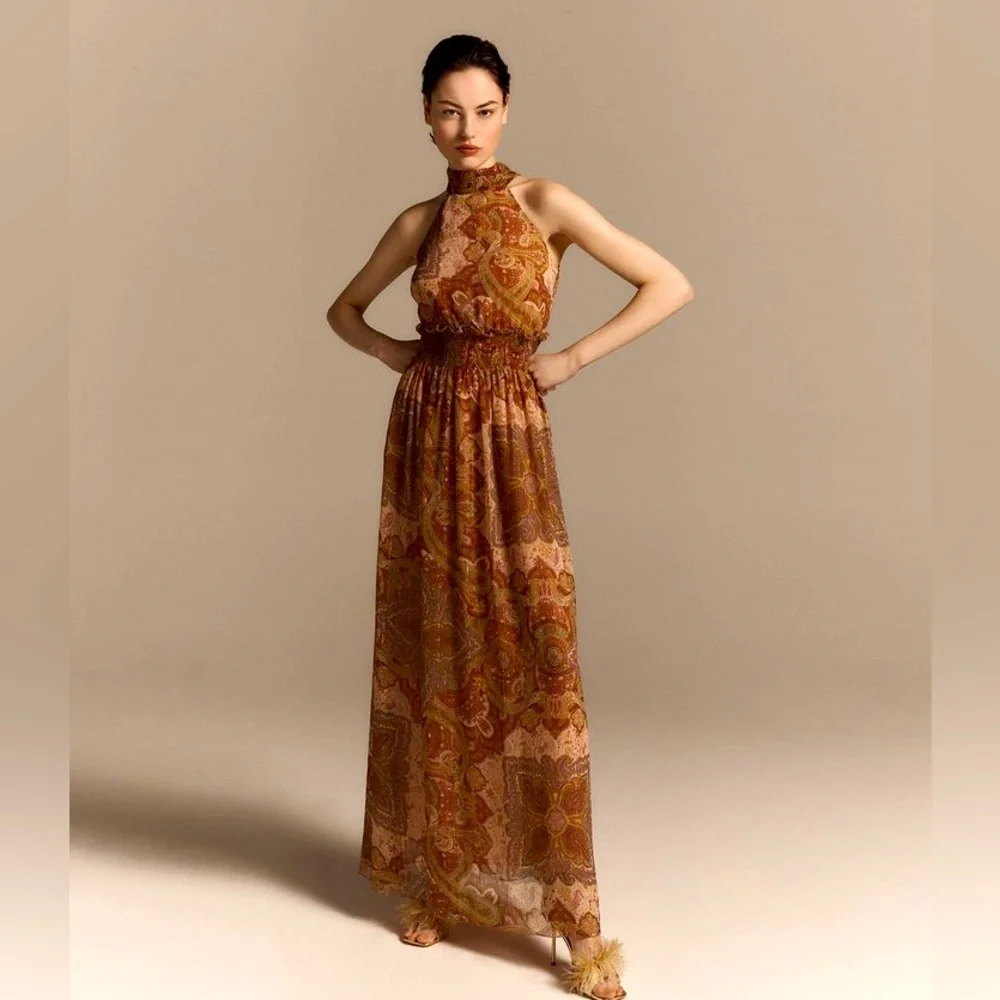 Liu Jo Boho Paisley Halter Smocked Made in Italy Maxi Floor Length Dress Size 8